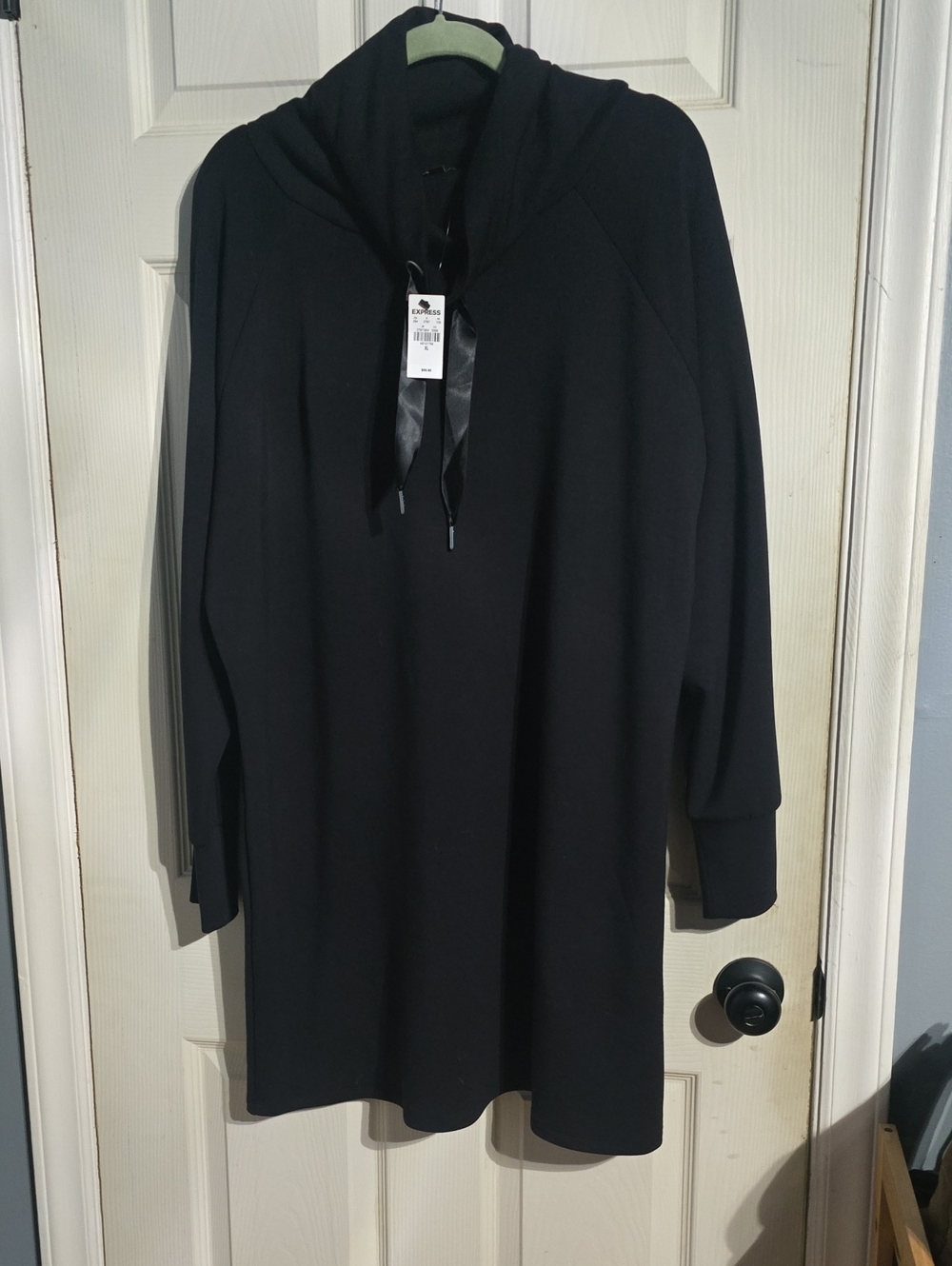 Express Black Hoodie Dress with Satin Ribbon Drawstrings